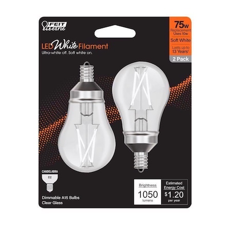 Feit Electric Feit White A15 E12 (Candelabra) Filament LED Bulb Soft White 75 Watt Equivalence 2 pk BPA1575C927WFL2